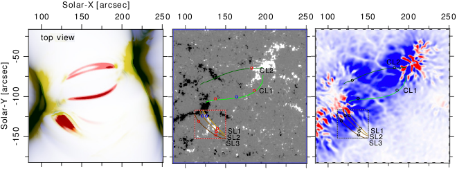 EUV emission; photospheric magnetogram with loops field lines; vertical Poynting flux